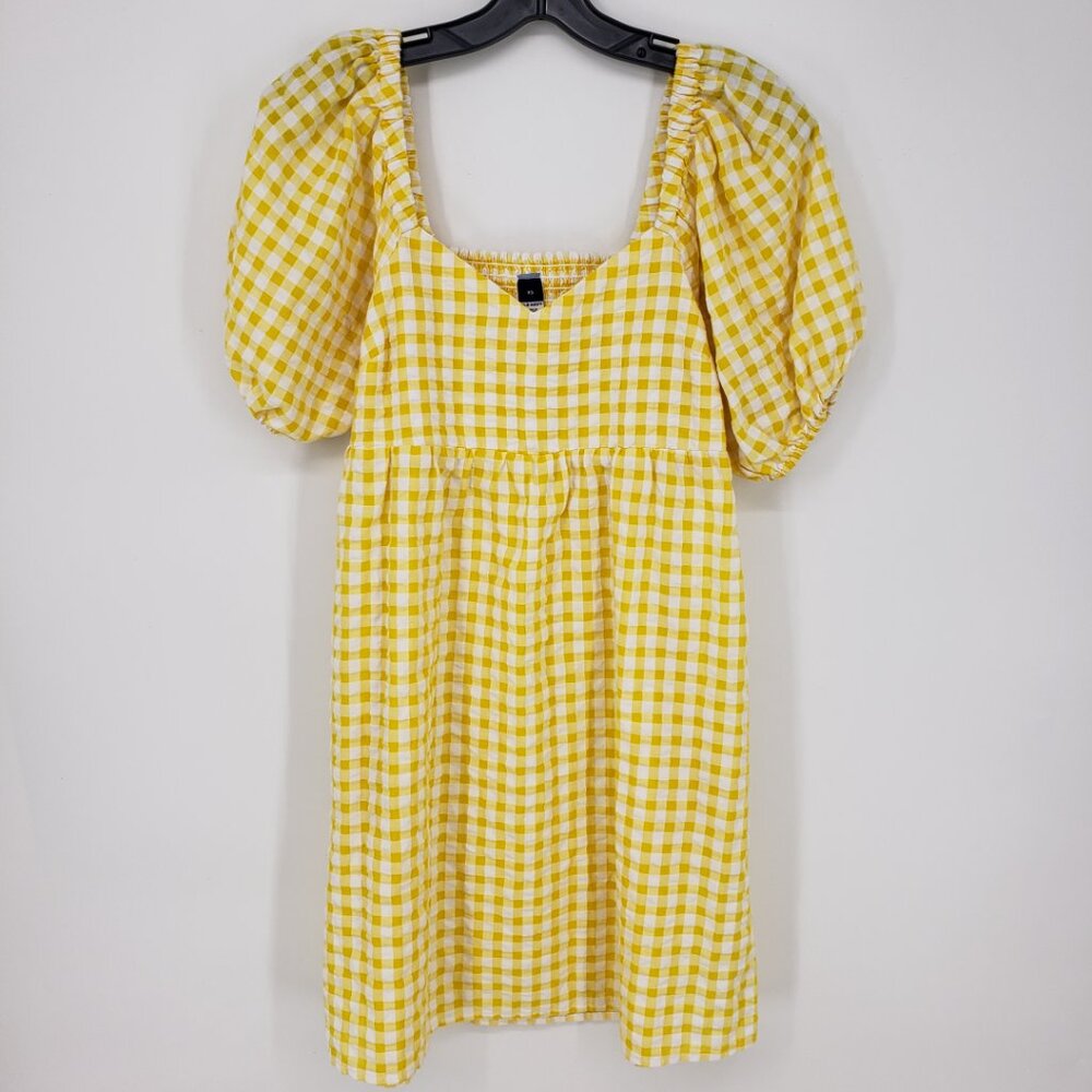 3/$25 Old Navy Gingham Plaid Mini Babydoll Dress XS Short Puff‎ Sleeves  Yellow
